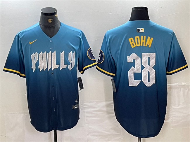Men's Philadelphia Phillies #28 Alec Bohm Blue 2024 City Connect Limited Stitched Jersey